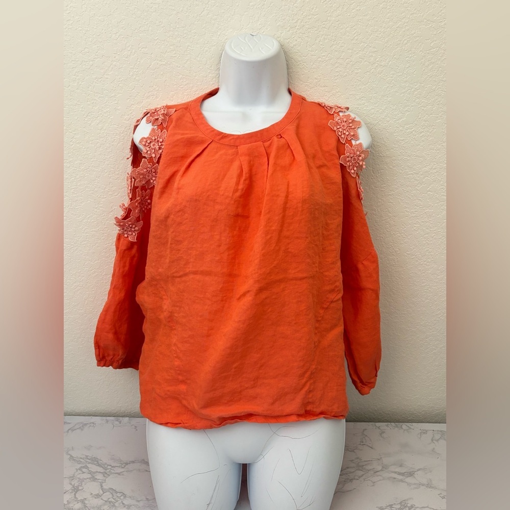 ANTHROPOLOGIE ERI ALI Sz S Jemima Cold Shoulder Coral Linen Top Long Sleeve​